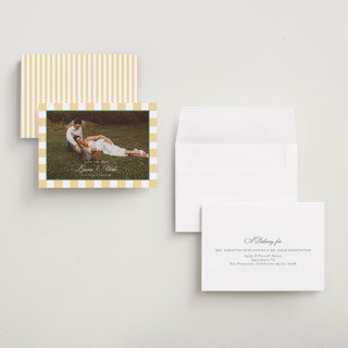 This is a citrine petite save the dates with standard by Emily Betts called curved frame printing on recycled smooth signature in petite