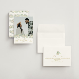 This is a greenery petite save the dates with standard by Phrosné Barwood called floral arch printing on recycled smooth signature in petite