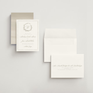 This is a chantilly petite save the dates with standard by Wildfield Paper Co called romantic wreath printing on signature in petite