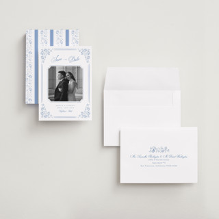This is a sky petite save the dates with standard by Robert and Stella called constance printing on recycled smooth signature in petite
