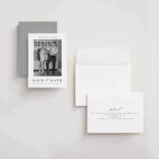 This is a midnight petite save the dates with standard by Stacey Meacham called classic charm printing on recycled smooth signature in petite