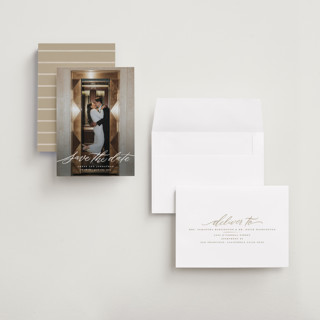 This is a chamomile petite save the dates with standard by Wildfield Paper Co called daisy printing on recycled smooth signature in petite