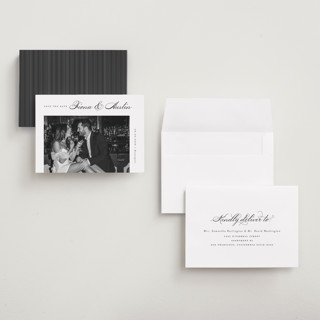This is a onyx petite save the dates with standard by Michelle Taylor called lovely day printing on recycled smooth signature in petite