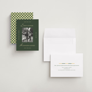 This is a citrus petite save the dates with standard by Angela Quan called grid printing on recycled smooth signature in petite