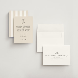 This is a almond petite save the dates with standard by Eric Clegg called modern romance printing on signature in petite