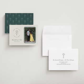 This is a sage petite save the dates with standard by Leah Bisch called pair of calla lilies printing on recycled smooth signature in petite
