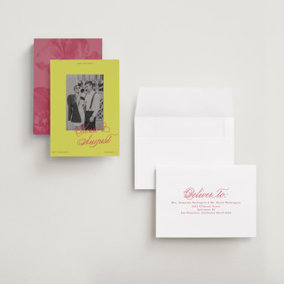 This is a flamingo petite save the dates with standard by Morgan Kendall called maximalist poppies printing on recycled smooth signature in petite