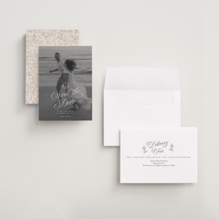 This is a ivory petite save the dates with standard by Paper Raven Co. called vintage romance printing on recycled smooth signature in petite