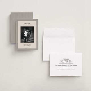 This is a noir petite save the dates with standard by Pixel and Hank called linea printing on recycled smooth signature in petite