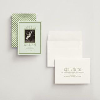 This is a forest petite save the dates with standard by Sara Hicks Malone called dewberry printing on recycled smooth signature in petite