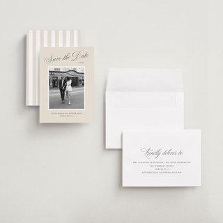 This is a champagne petite save the dates with standard by Sara Hicks Malone called belle meade printing on recycled smooth signature in petite