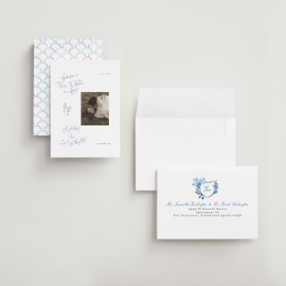 This is a cerulean petite save the dates with standard by Tamara Hilje called positano printing on recycled smooth signature in petite