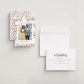 This is a peony petite save the dates with standard by Yaling Hou Suzuki called wildflower wreath printing on recycled smooth signature in petite