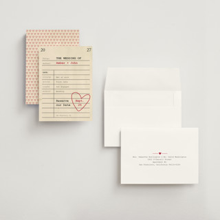 This is a red hot petite save the dates with standard by Ilene Guy called reserve our date printing on signature in petite