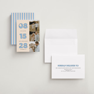 This is a dusty blue petite save the dates with standard by Leah Ragain called outlined date printing on recycled smooth signature in petite
