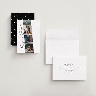 This is a vanilla petite save the dates with standard by Chryssi Tsoupanarias called photobooth love printing on recycled smooth signature in petite