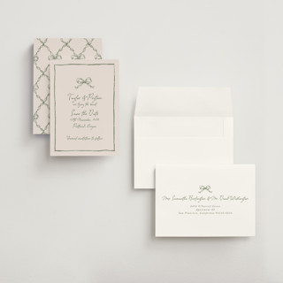This is a moss petite save the dates with standard by Cass Loh called ribbon bow drawing printing on signature in petite