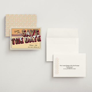 This is a sunset petite save the dates with standard by Ashley Bird called a retro save the date printing on recycled smooth signature in petite