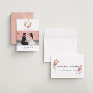 This is a sunset petite save the dates with standard by Susan Moyal called cherished printing on recycled smooth signature in petite