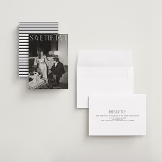 This is a snow petite save the dates with standard by Maja Cunningham called classic timeless printing on recycled smooth signature in petite