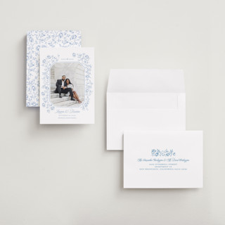 This is a sky petite save the dates with standard by Robert and Stella called framed florals printing on recycled smooth signature in petite