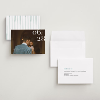 This is a pearl petite save the dates with standard by Shannon Chen of Four Wet Feet Studio called our big date printing on recycled smooth signature in petite