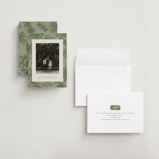This is a jungle petite save the dates with standard by Jenna Holcomb called tropicale printing on recycled smooth signature in petite