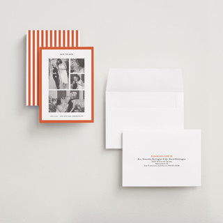 This is a crimson petite save the dates with standard by Wendy Chung called classic collage printing on recycled smooth signature in petite