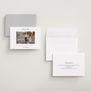 This is a snow petite save the dates with standard by Pixel and Hank called minimal printing on recycled smooth signature in petite