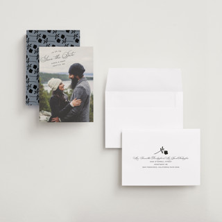 This is a smoke petite save the dates with standard by Morgan Kendall called stamp printing on recycled smooth signature in petite