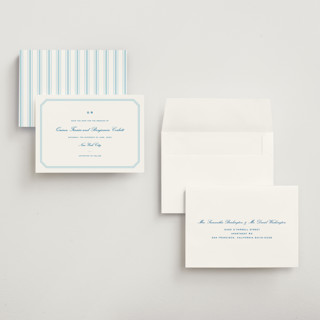 This is a marine blue petite save the dates with standard by Megan Davis called brasserie printing on signature in petite