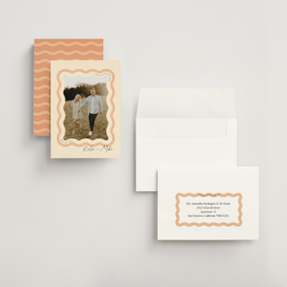 This is a seashell petite save the dates with standard by Robert and Stella called wavy printing on recycled smooth signature in petite