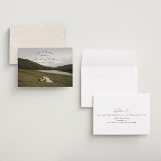 This is a onyx petite save the dates with standard by Erica Krystek called arched type printing on recycled smooth signature in petite