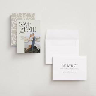 This is a ecru petite save the dates with standard by Morgan Kendall called penelope printing on recycled smooth signature in petite