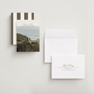 This is a moss petite save the dates with standard by Casey Miller called quiet horizon printing on recycled smooth signature in petite