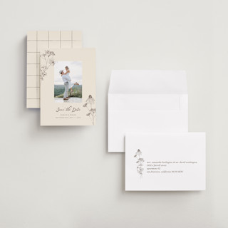 This is a sandpaper petite save the dates with standard by Baumbirdy called sketched florals printing on recycled smooth signature in petite