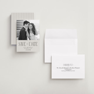 This is a dove petite save the dates with standard by Robert and Stella called pierre printing on recycled smooth signature in petite