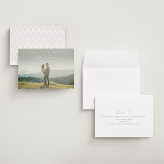 This is a lace petite save the dates with standard by Kaydi Bishop called aloft printing on recycled smooth signature in petite