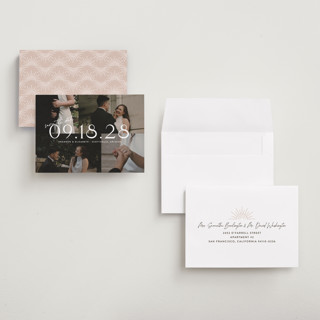 This is a opal petite save the dates with standard by Cat Caudillo called love snaps printing on recycled smooth signature in petite