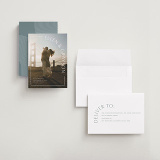 This is a snow petite save the dates with standard by Lauren Chism called take shape printing on recycled smooth signature in petite
