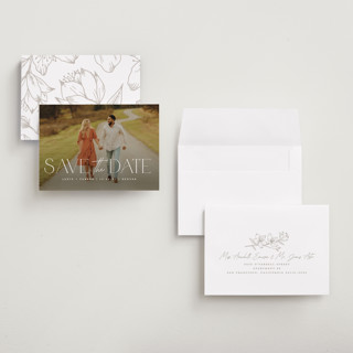 This is a pearl petite save the dates with standard by Jessica Corliss called simple elegance printing on recycled smooth signature in petite