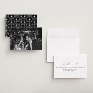 This is a pearl petite save the dates with standard by Brooke Chandler called elegant fete printing on recycled smooth signature in petite