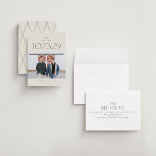 This is a ivory petite save the dates with standard by Carolyn Nicks called romancing the date printing on recycled smooth signature in petite