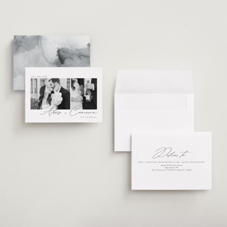 This is a noir petite save the dates with standard by Emily Betts called simple two printing on recycled smooth signature in petite