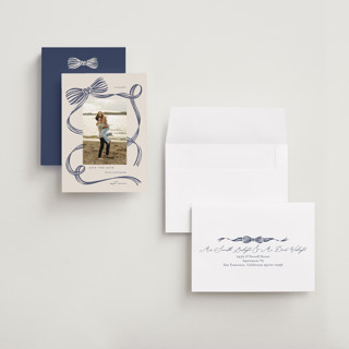 This is a blue spruce petite save the dates with standard by Carrie ONeal called neddy printing on recycled smooth signature in petite