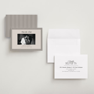 This is a noir petite save the dates with standard by Pixel and Hank called linea printing on recycled smooth signature in petite