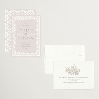 This is a cream petite save the dates with standard by Kristen Smith called lace trim printing on signature in petite
