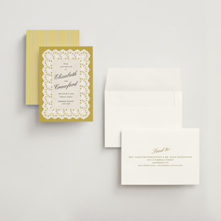 This is a citrine petite save the dates with standard by Olivia Kanaley Inman called eyelet printing on signature in petite