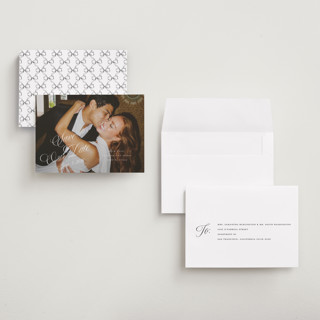 This is a pearl petite save the dates with standard by Leah Bisch called scripted date printing on recycled smooth signature in petite