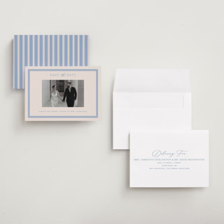 This is a periwinkle petite save the dates with standard by Hooray Creative called twin border printing on recycled smooth signature in petite